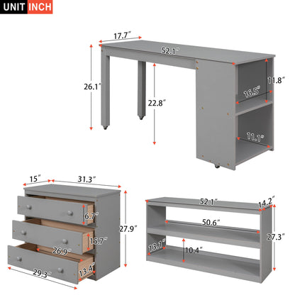 Full Loft Low Study Bed With Cabinet, Shelves And Rolling Portable Desk, Multiple Functions- Gray