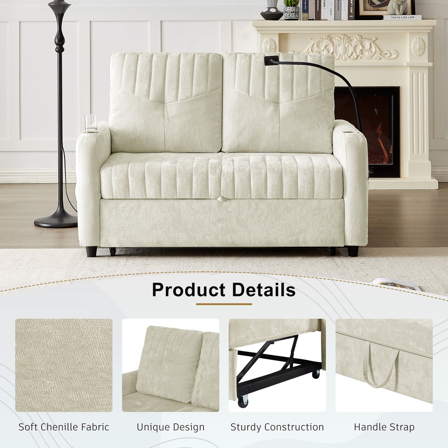 Modern Loveseat Pull Out Sofa Bed With Adjustable Backrest, Two Cup Holders, A Phone Holder, Three Charging Ports And Side Storage Pockets For Living Room - Beige