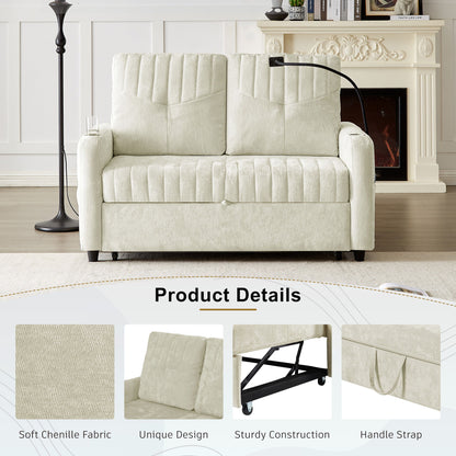 Modern Loveseat Pull Out Sofa Bed With Adjustable Backrest, Two Cup Holders, A Phone Holder, Three Charging Ports And Side Storage Pockets For Living Room - Beige