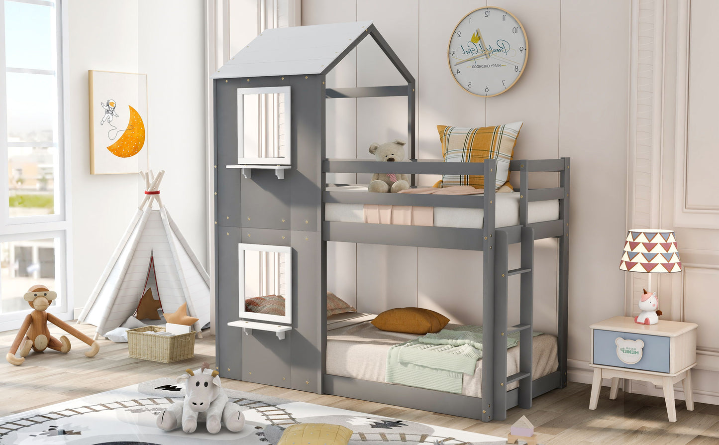 Twin Over Twin Bunk Bed With Roof, Window, Guardrail, Ladder - White