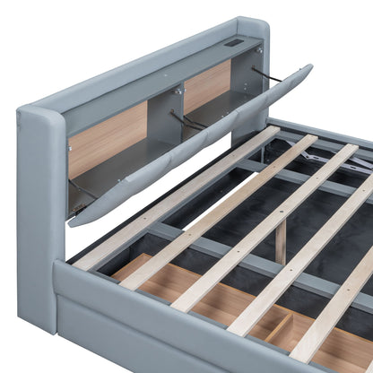 Queen & Twin Long Size Upholstered Platform Bed, Mother & Child Bed With Hydraulic Storage System, Drawer Box, Bedhead Storage Shelf And 2 Pairs Of Sockets & USB Ports - Gray