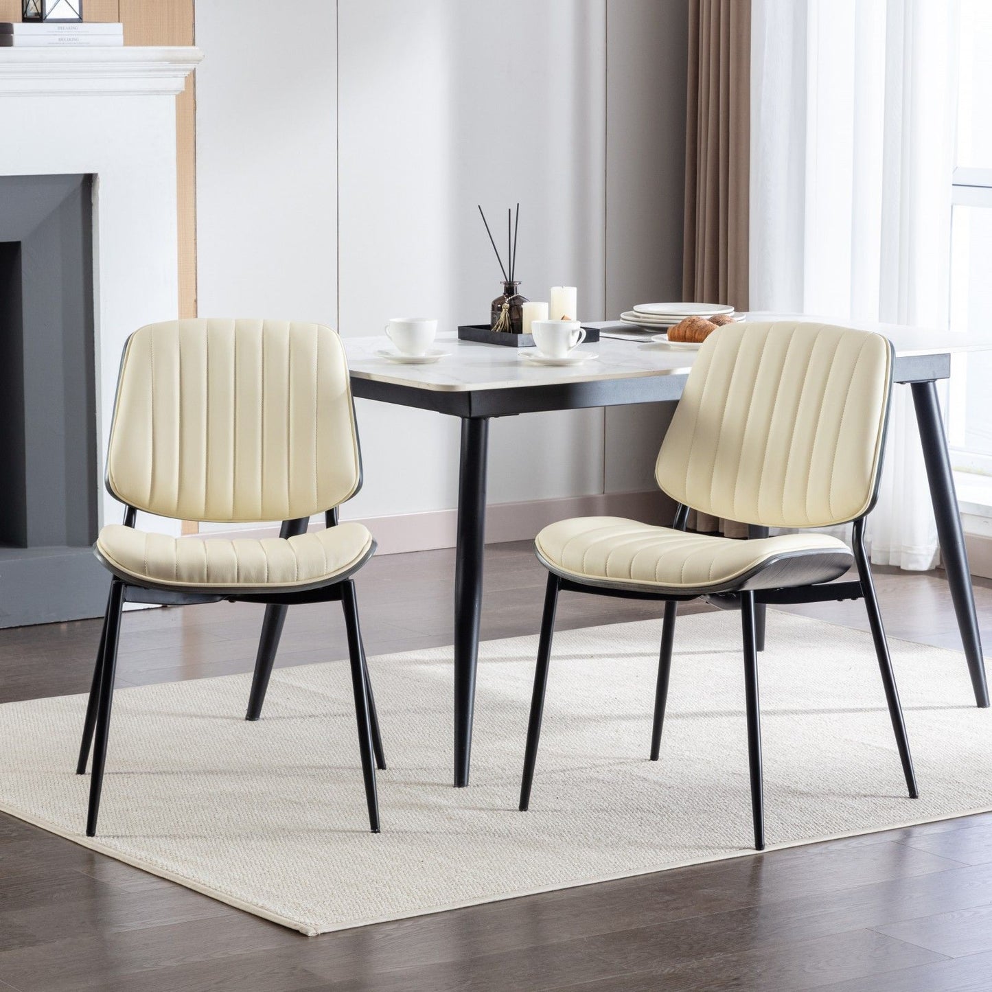 Dining Chairs Mid-Century Modern Retro Faux Leather Chair With Walnut Bentwood Back Upholstered Seat Metal Legs Adjustable Foot For Kitchen Dining Room Chairs (Set of 2) - Beige