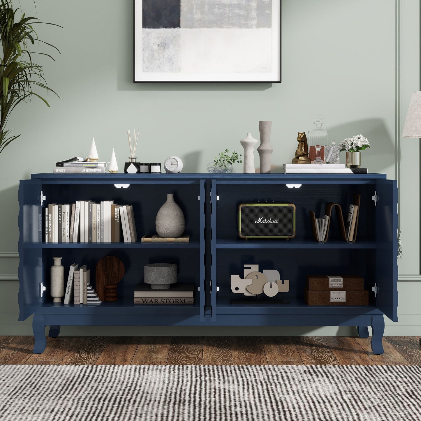 Elegant Sideboard With Sophisticated Wavy Pattern Doors And Arched Groove Design, Adjustable 4 Door Layout - Navy Blue