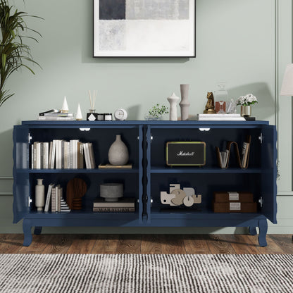Elegant Sideboard With Sophisticated Wavy Pattern Doors And Arched Groove Design, Adjustable 4 Door Layout - Navy Blue