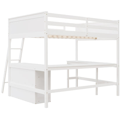 Full Size Loft Bed With Shelves With Desk - White