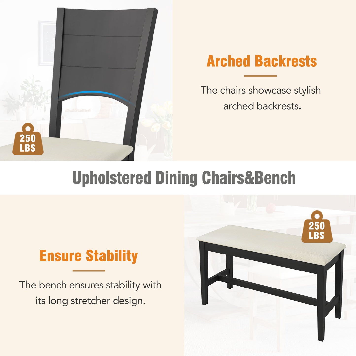Topmax - 6 Piece Wood Half Round Dining Table Set Kitchen Table Set With Long Bench And 4 Dining Chairs, Modern Style - Gray