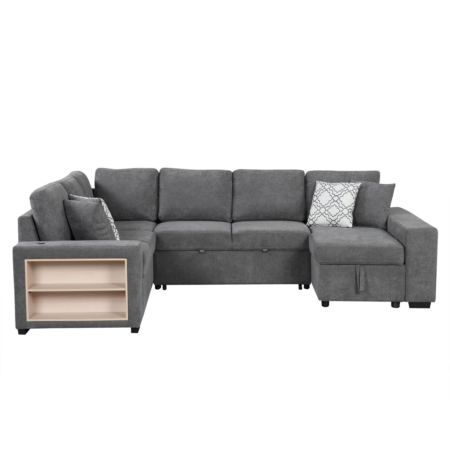 U-Shaped Sectional Sofa Pull-Out Sofa Bed With Two USB Ports, A Storage Chaise Lounge And Four Back Pillows For Living Room - Gray