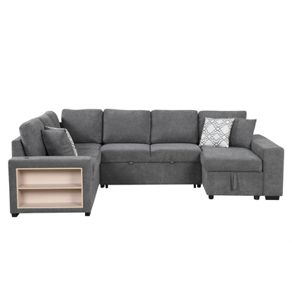 U-Shaped Sectional Sofa Pull-Out Sofa Bed With Two USB Ports, A Storage Chaise Lounge And Four Back Pillows For Living Room - Gray