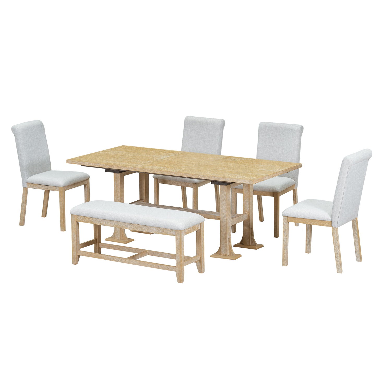 Topmax - 6 Piece Farmhouse Extendable Dining Table Set Trestle Kitchen Table Set With Removable Leaf And Upholstered Dining Chair And Bench For Dining Room - Natural