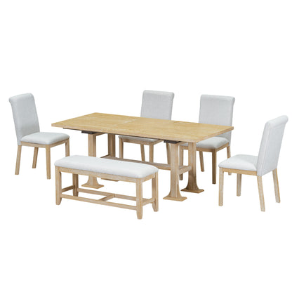 Topmax - 6 Piece Farmhouse Extendable Dining Table Set Trestle Kitchen Table Set With Removable Leaf And Upholstered Dining Chair And Bench For Dining Room - Natural
