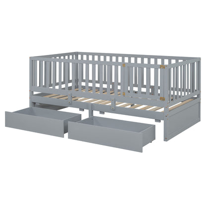 Twin Size Daybed With Fence Guardrails And 2 Drawers, Split Into Independent Floor Bed & Daybed - Gray