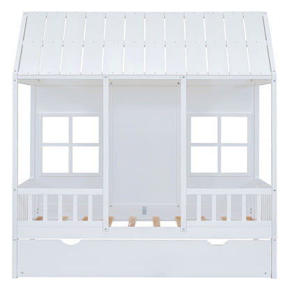Twin Size House Bed With Twin Size Trundle, Daybed - White