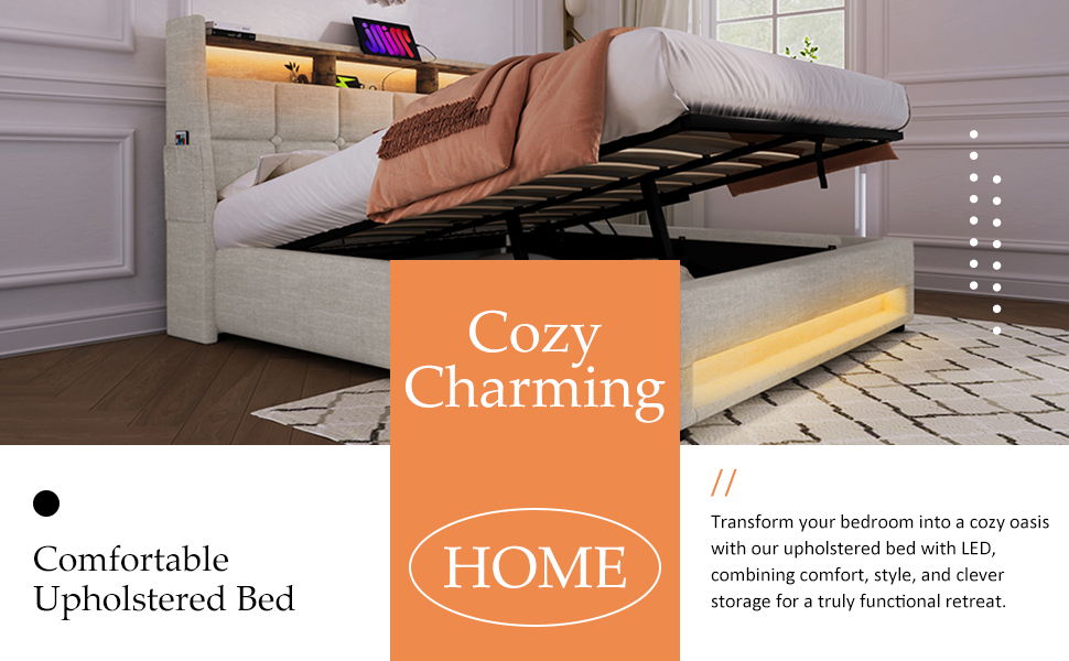 Queen Size Upholstered Platform Bed With A Hydraulic Storage System, LED And USB Charging (Without Mattress) - Natural