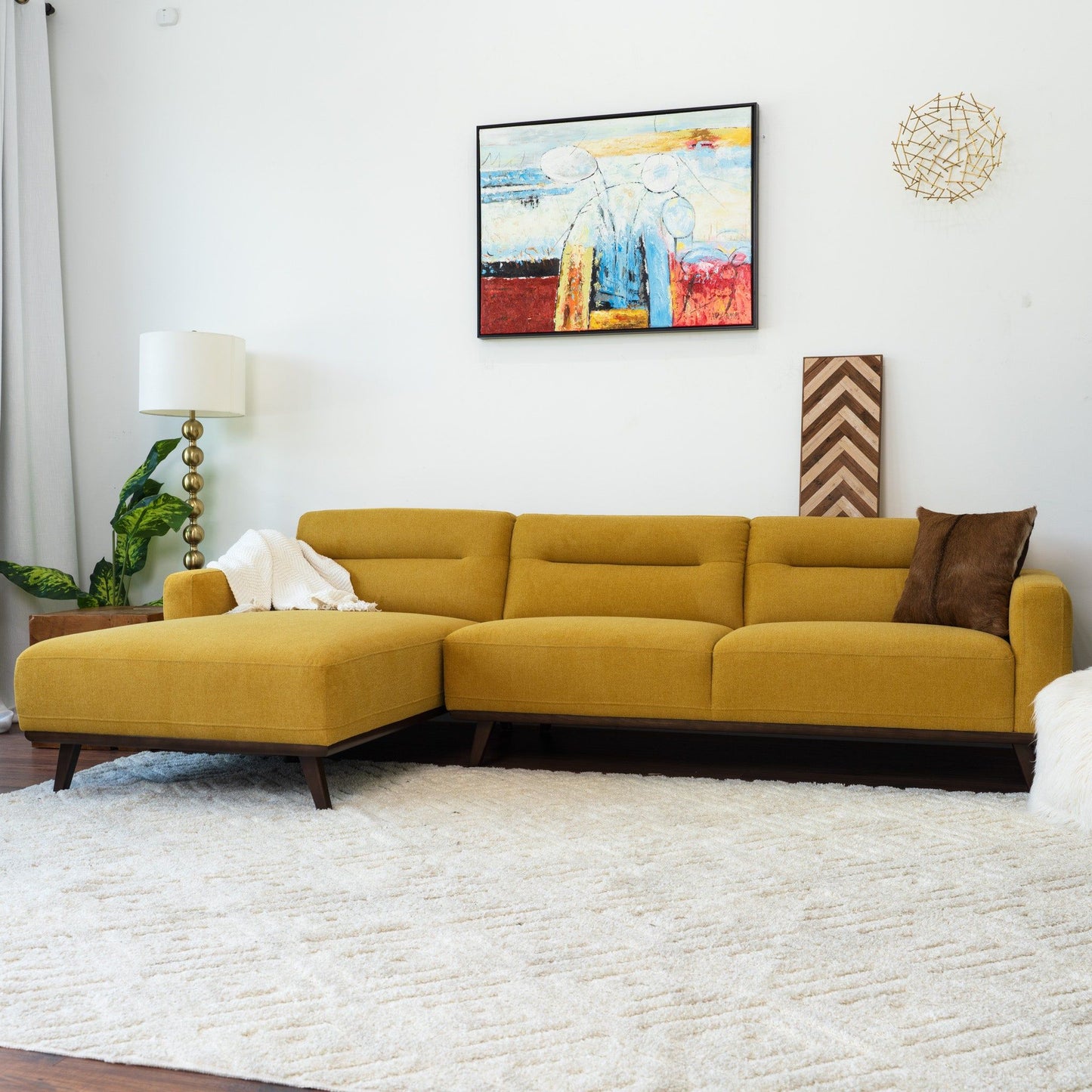 Ella - L Shaped Linen Left Sectional Couch - Yellow