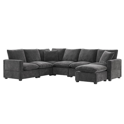 Modern U-Shape Modular Sofa, 7 Seat Chenille Sectional Couch Set With 2 Pillows Included, Freely Combinable Indoor Funiture - Black / Gray