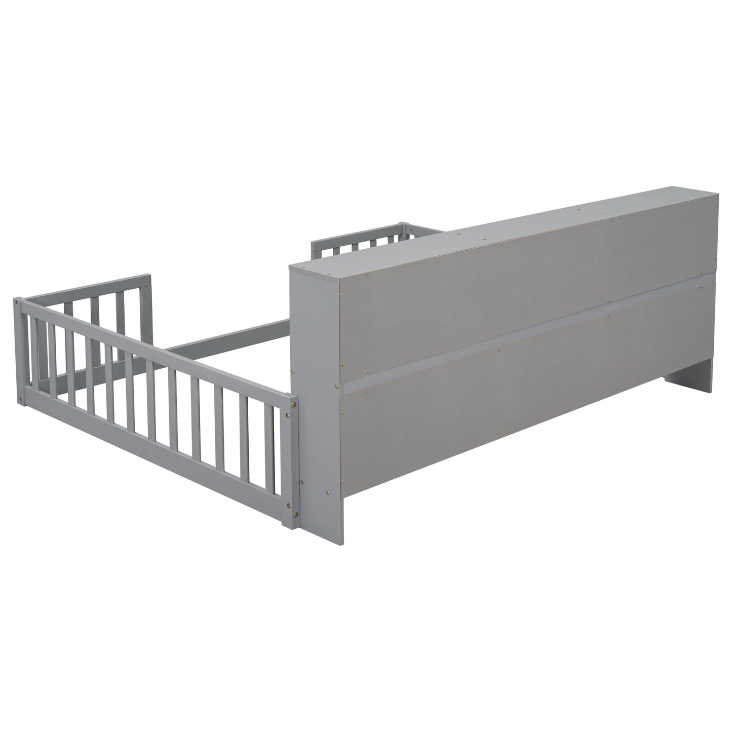 Full Floor Bed With Side Bookcase, Shelves, Guardrails - Gray