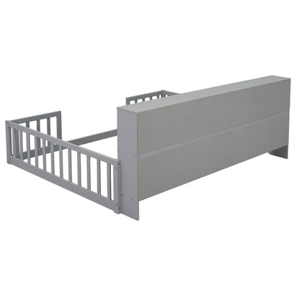 Full Floor Bed With Side Bookcase, Shelves, Guardrails - Gray