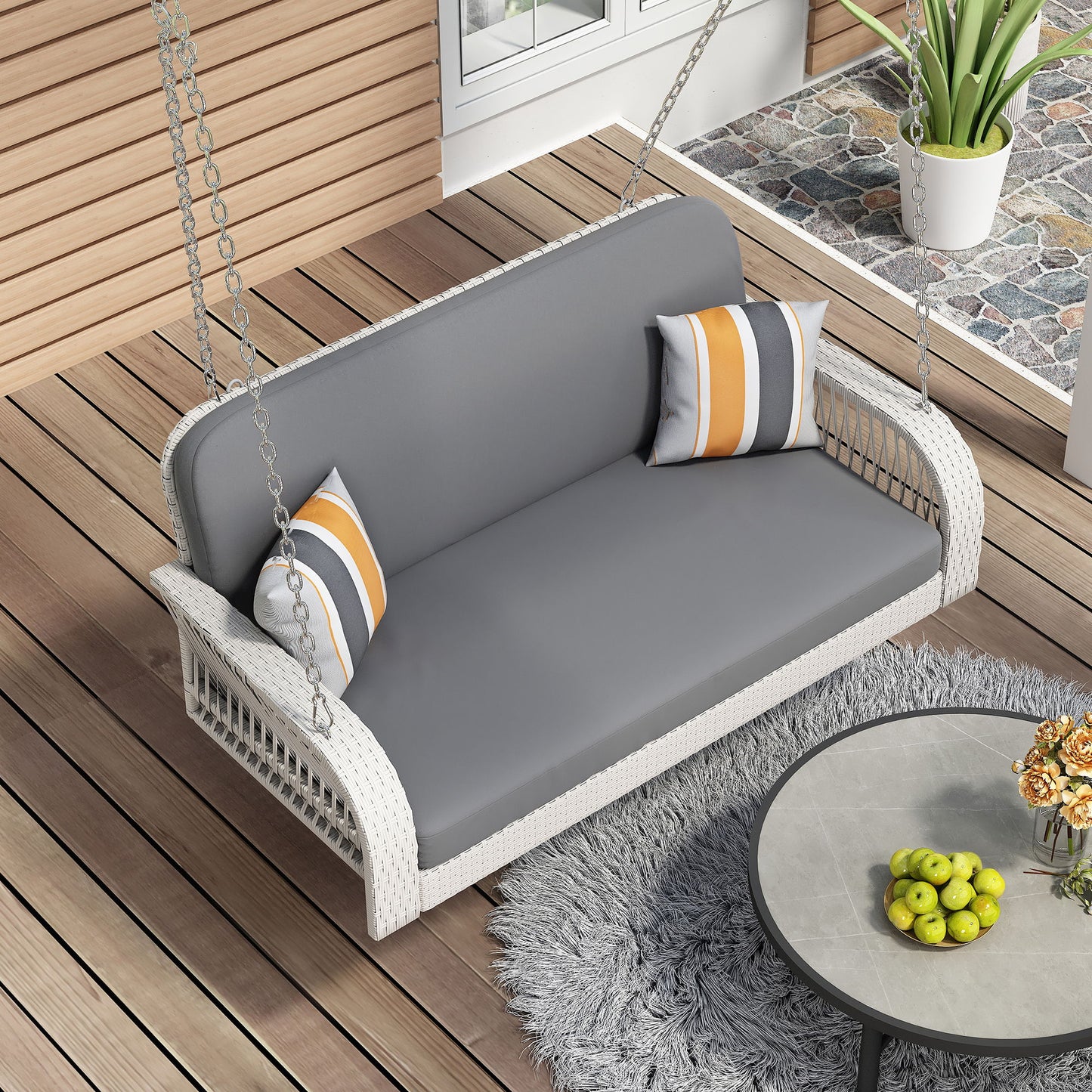 PE Wicker Porch Swing, 2 Seater Hanging Bench With Chains, Patio Furniture Swing For Backyard Garden Poolside - White / Gray