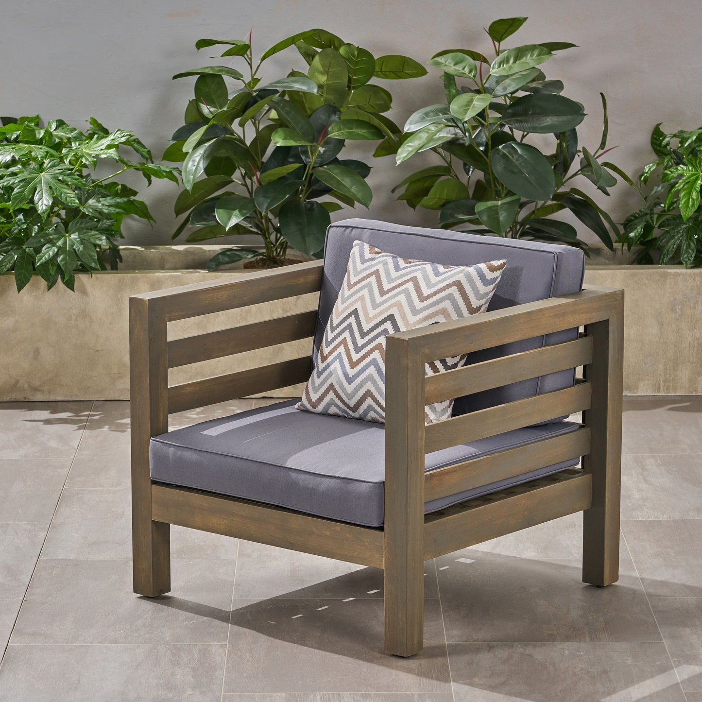 Outdoor Club Chair, Acacia Wood Patio Chair With Fabric Cushion For Backyard, Poolside, Garden Or Porch - Gray