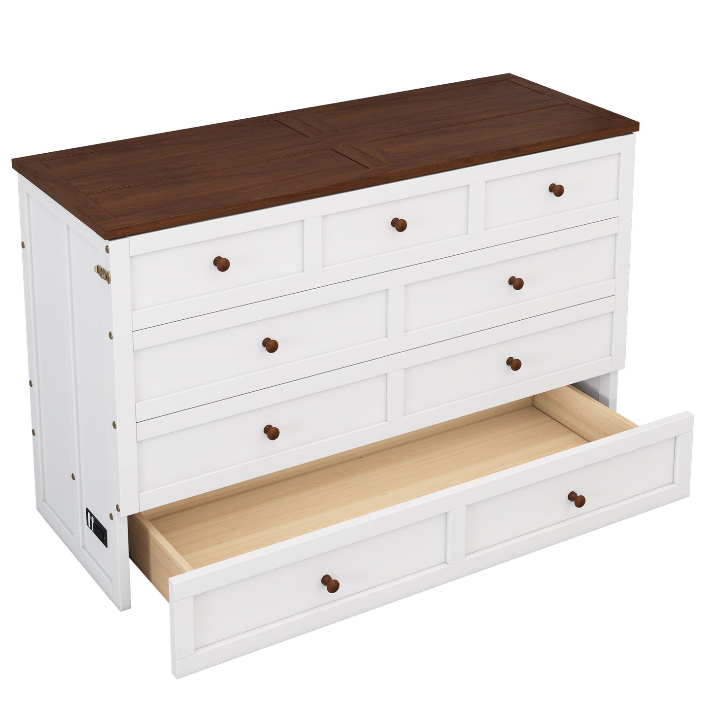Queen Solid Pine Murphy Bed Chest With Charging Station And Large Storage Drawer For Home Office Or Small Room - White / Walnut