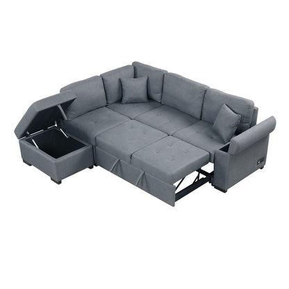 Sleeper Sectional Sofa, L-Shape Corner Couch Sofa - Bed With Storage Ottoman & Hidden Arm Storage & USB Charge For Living Room Apartment - Dark Gray