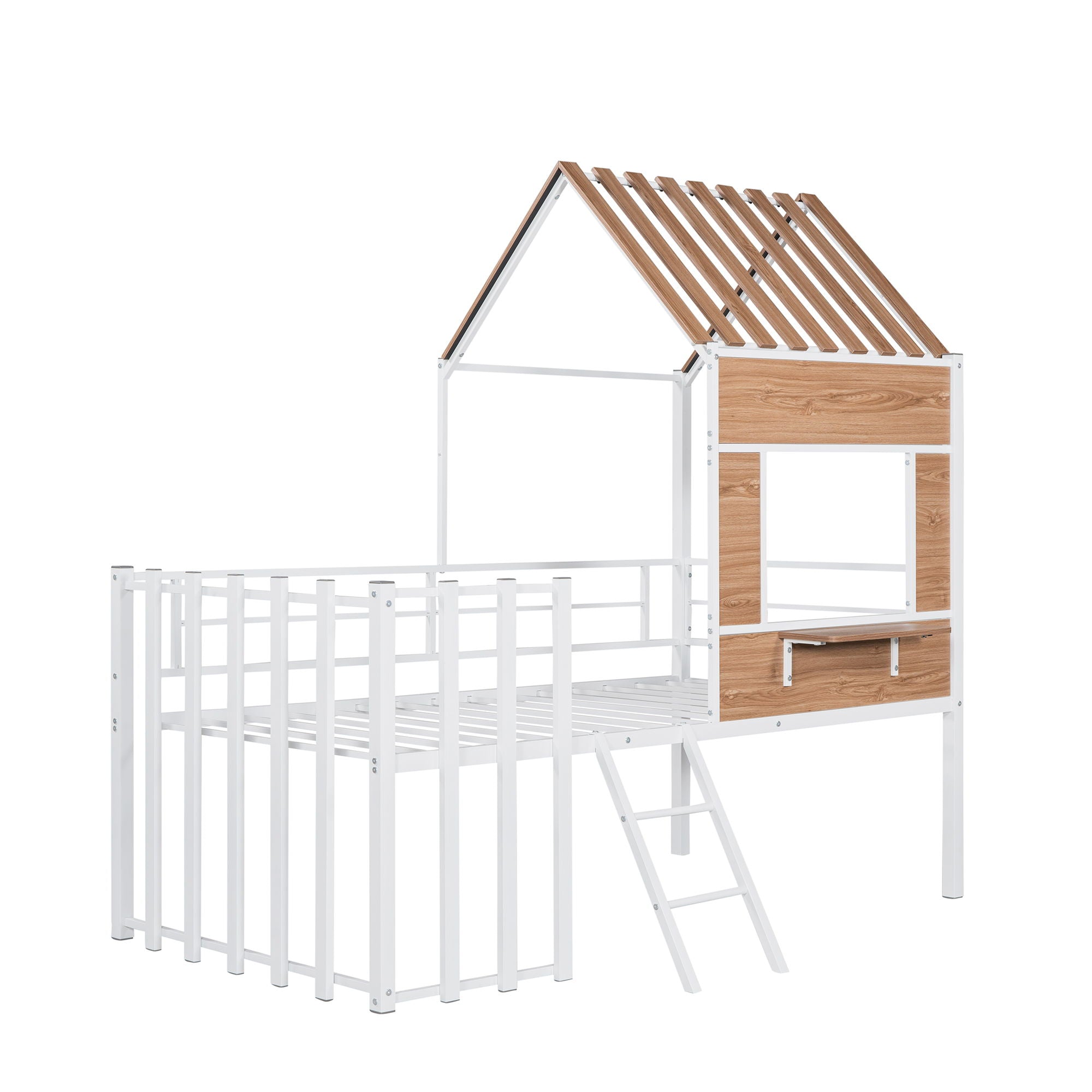 Twin Size Loft Bed With Roof, Window, Guardrail, Ladder - White