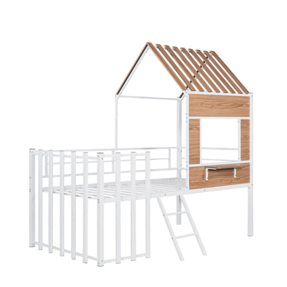 Twin Size Loft Bed With Roof, Window, Guardrail, Ladder - White