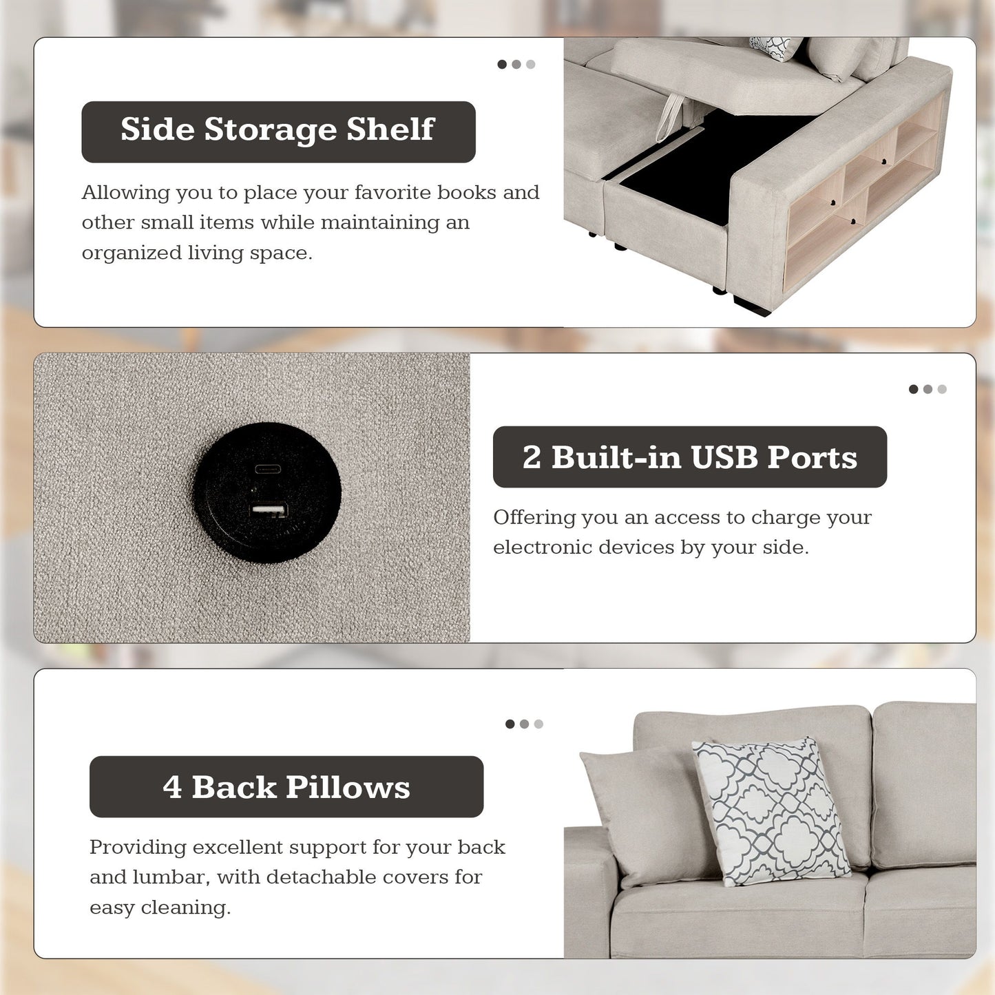 U-Shaped Sectional Sofa Pull-Out Sofa Bed With Two USB Ports, A Storage Chaise Lounge And Four Back Pillows For Living Room - Beige