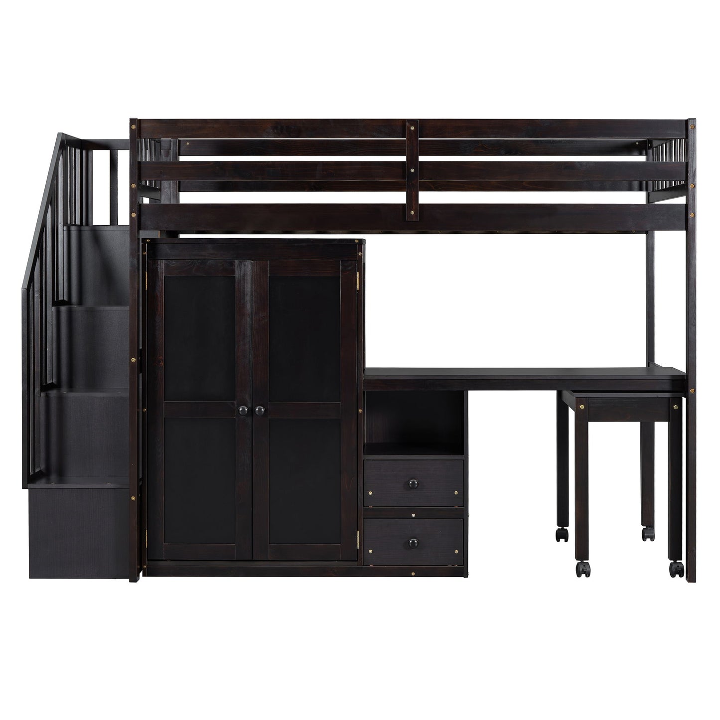 Twin Size Loft Bed With Stairs, Bookshelf, Drawers, Desk & Wardrobe, Space Saving Multifunctional Furniture - Espresso