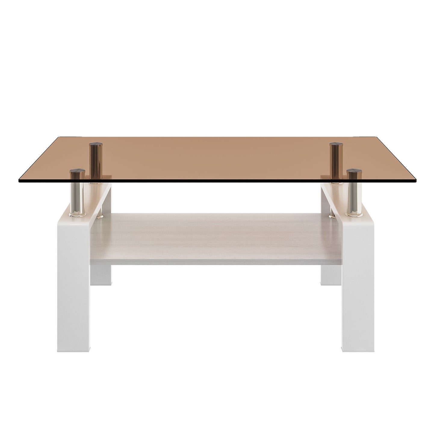 Modern Rectangular Coffee Table With Tempered Glass Top Layer, Table For Living Room - Brown / White