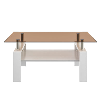 Modern Rectangular Coffee Table With Tempered Glass Top Layer, Table For Living Room - Brown / White