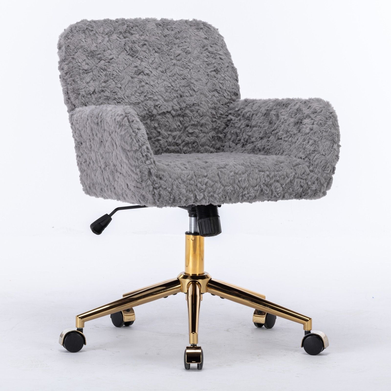 Office Chair, Artificial Rabbit Hair Home Office Chair With Golden Metal Base, Adjustable Desk Chair Swivel Office Chair, Vanity Chair - Gray