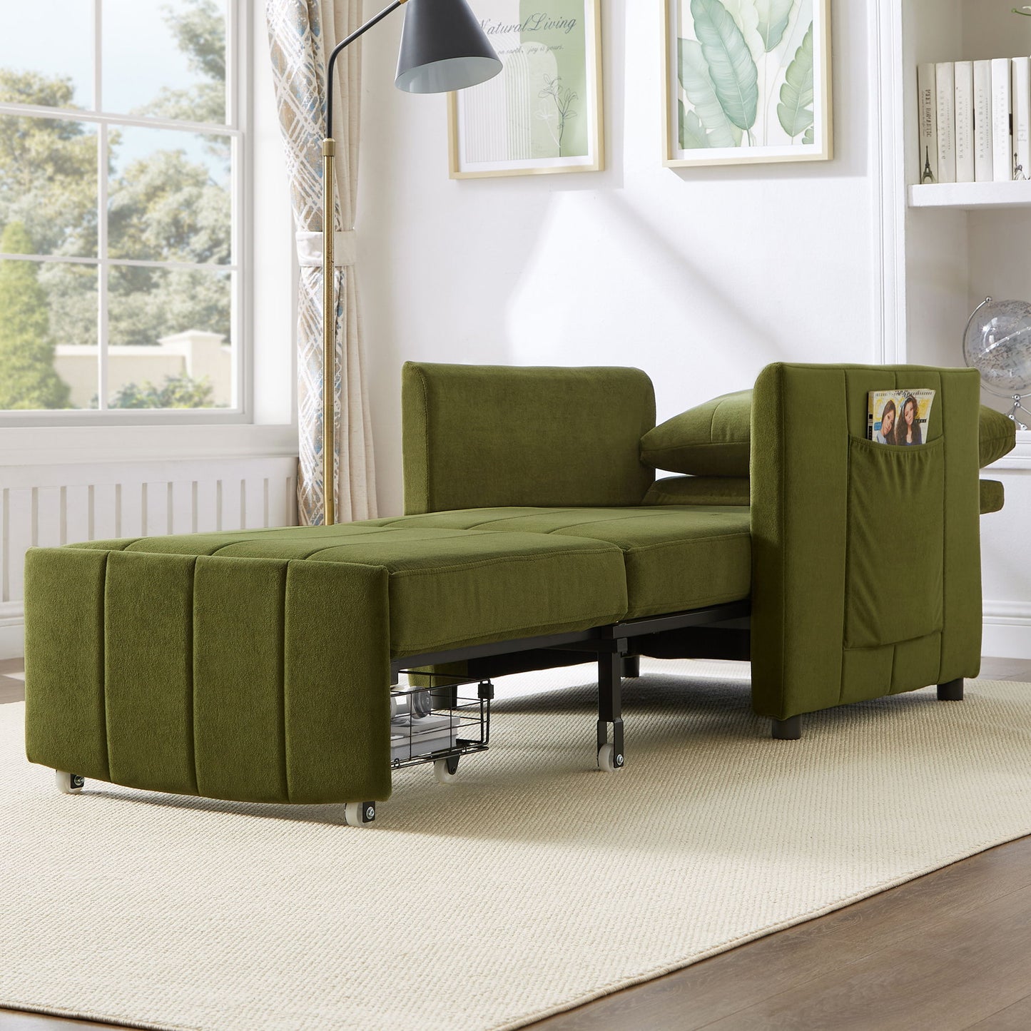 Upholstered Convertible Sleeper Sofa With Adjustable Backrest, Side Pockets, Storage Basket - Green
