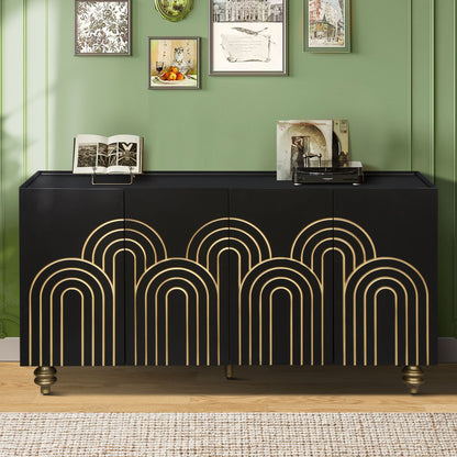 4 Door Cabinet Modern Fluted Sideboard Buffet With Storage, Curve Element With Strict Lines - Black