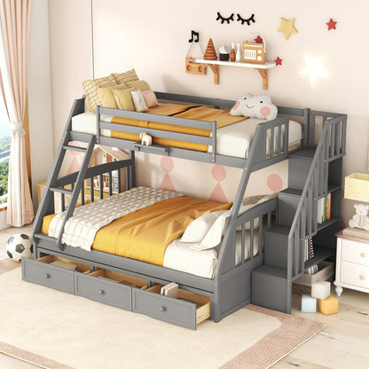 Twin Over Full Bunk Bed With Drawers, Ladder And Storage Staircase - Gray