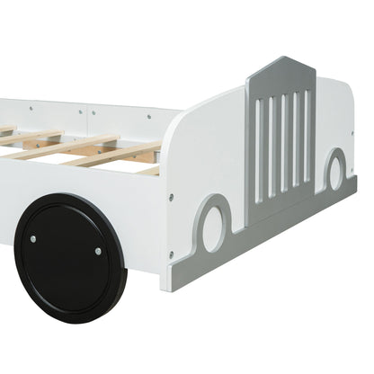Twin Size Car Shaped Platform Bed With Wheels - White