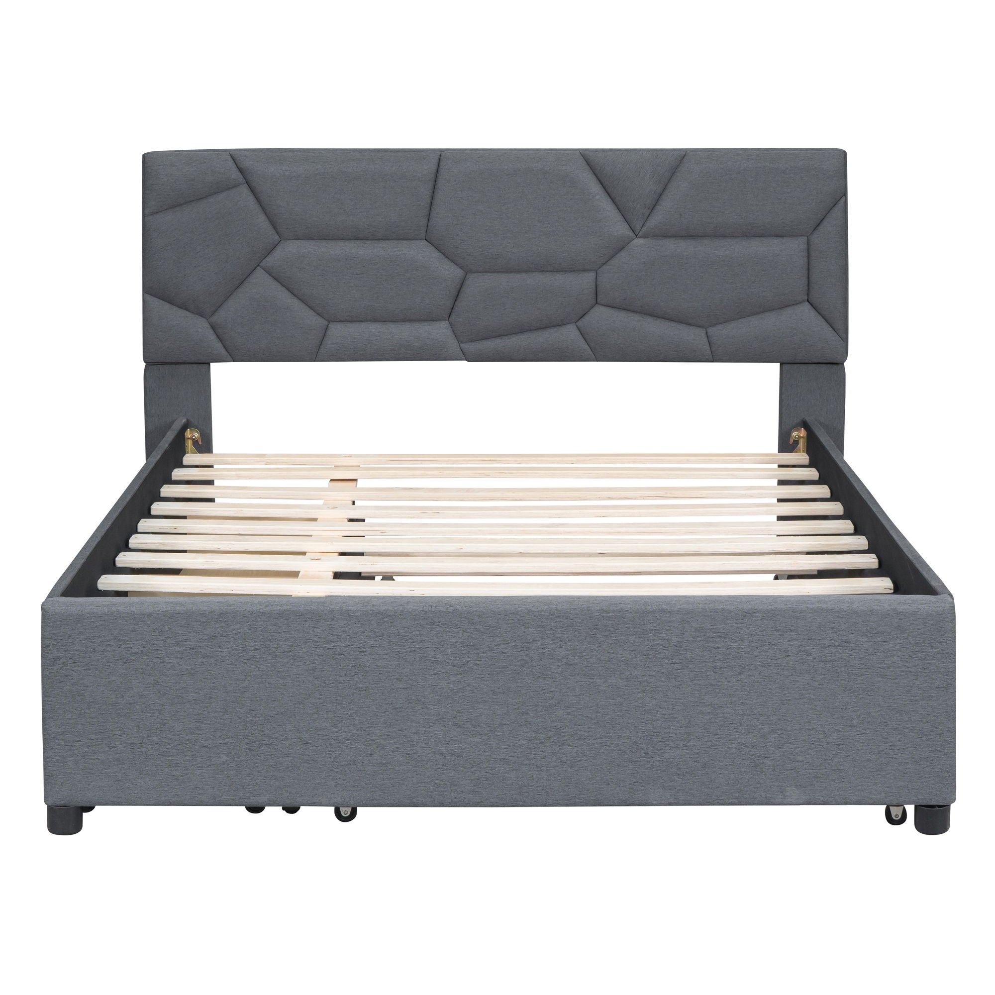 Full Size Upholstered Platform Bed With Brick Pattern Headboard, With Twin Size Trundle And 2 Drawers - Gray