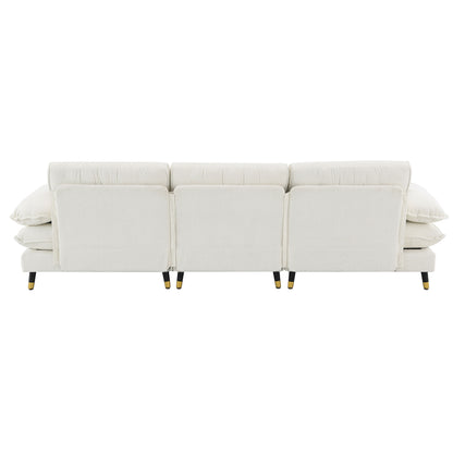 L Shaped Convertible Sectional Sofa 4 Seat Tufted Couch Set With Two Tone Adjust Legs Cloud Movable Ottoman - White