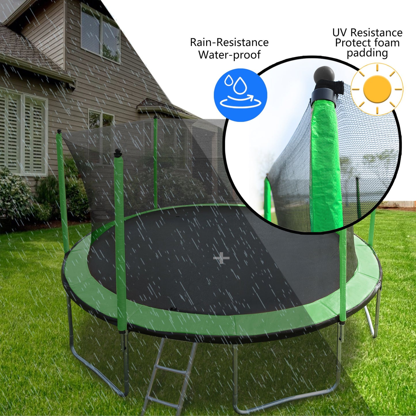 15Ft Trampoline With Basketball Hoop Inflator And Ladder (Inner Safety Enclosure) - Green