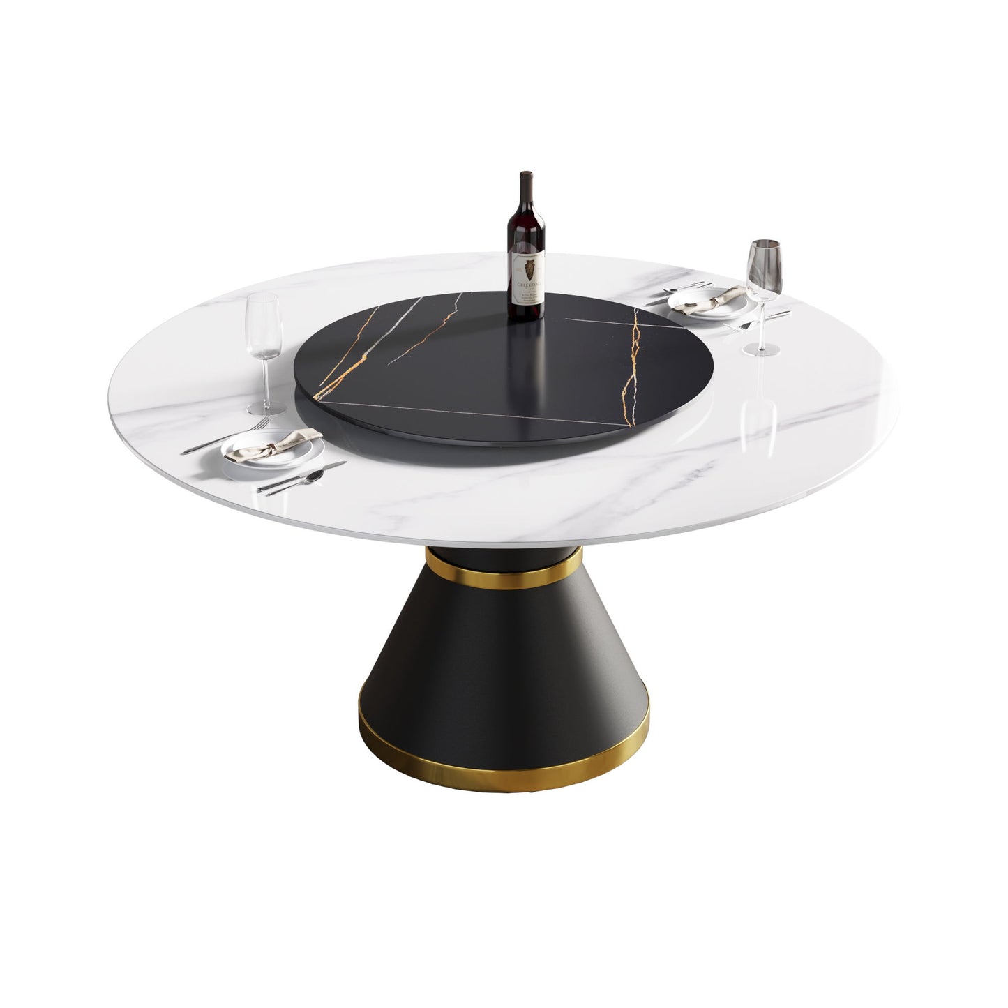 59.05" Modern Artificial Stone Round Carbon Steel Base Dining Table, Black Artificial Stone Turntable - White / Black