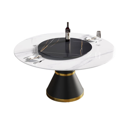 59.05" Modern Artificial Stone Round Carbon Steel Base Dining Table, Black Artificial Stone Turntable - White / Black
