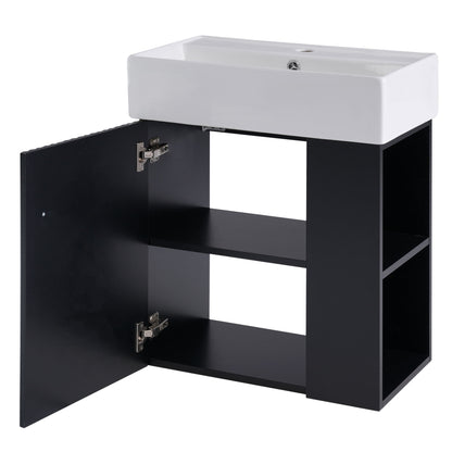 Modern Floating Bathroom Vanity With Ceramic Basin, Perfect For Small Bathrooms, Right Side Storage - Black