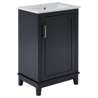 Modern Small Bathroom Vanity Cabinet With Ceramic Basin, Ample Storage, 1 Soft Close Door - Black