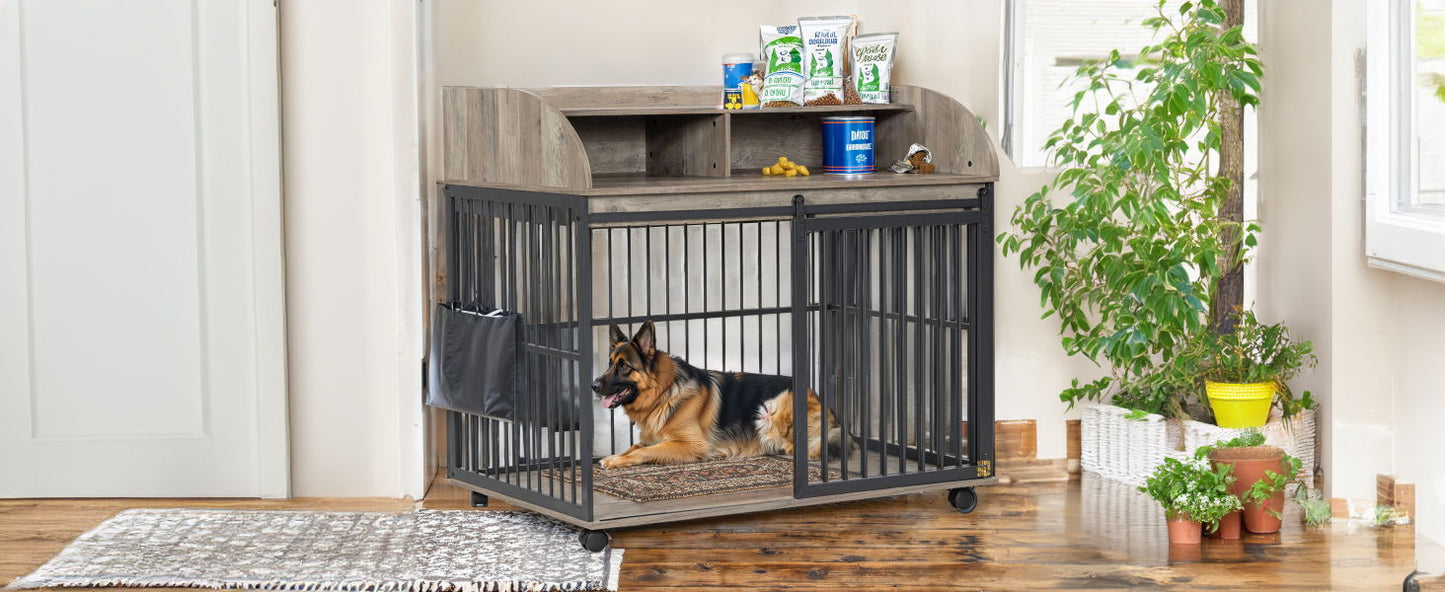 44'' Heavy Duty Large Dog Crate Furniture For Large Medium Dog With Lockable Wheels, Wooden Dog Crate Dog Kennel, End Table Crate With Double Layer Storage - Gray