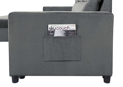Ivy - Velvet Reversible Sleeper Sectional Sofa With Storage Chaise And Side Pocket - Dark Gray