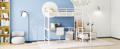 Full Size Loft Bed With Desk And Grid, Stylish Frame With Lateral Storage Ladder And Wardrobe - White