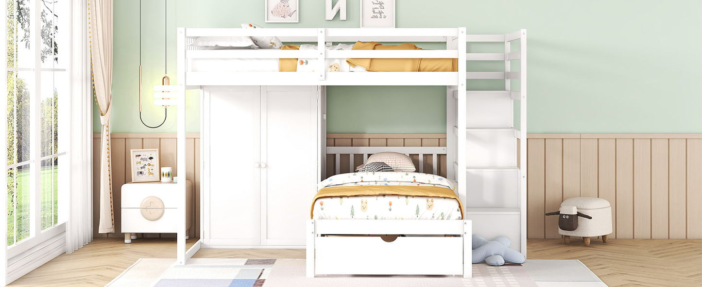 Full Over Twin Bunk Bed With Wardrobe, Drawers - White