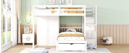 Full Over Twin Bunk Bed With Wardrobe, Drawers - White