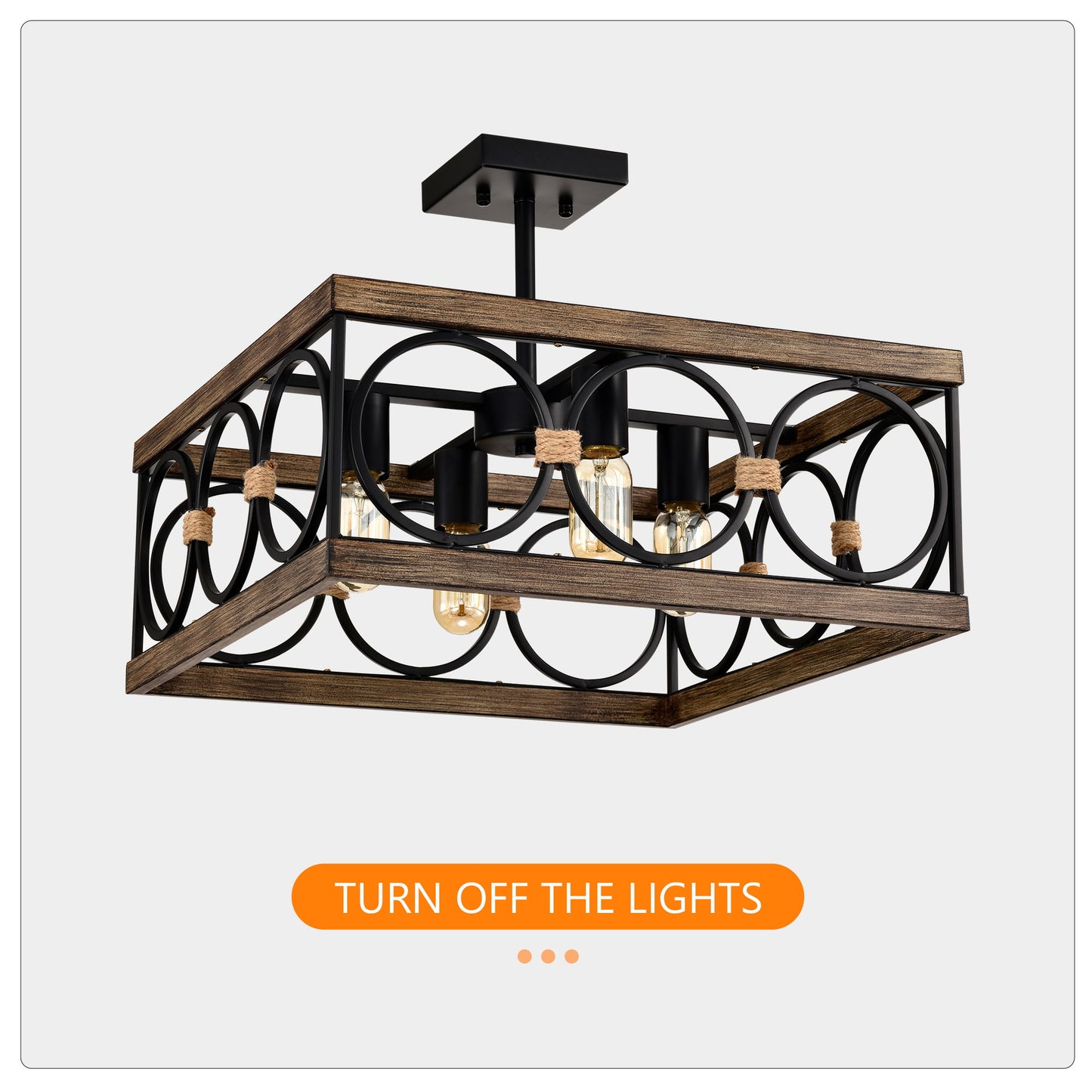 4 Light Square Kitchen Island Lights Ceiling Light Farmhouse Dining Room Light Fixture, Wood And Metal Rectangular Ceiling Light, Ceiling Lighting For Living Room, Conference Room, Home Office - Black