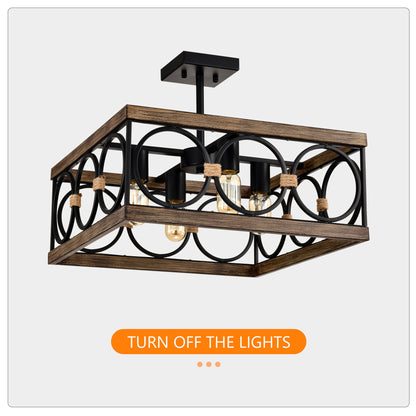 4 Light Square Kitchen Island Lights Ceiling Light Farmhouse Dining Room Light Fixture, Wood And Metal Rectangular Ceiling Light, Ceiling Lighting For Living Room, Conference Room, Home Office - Black
